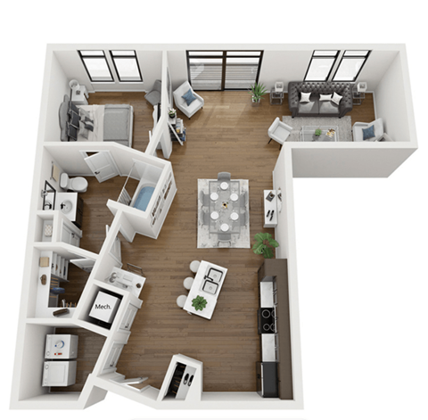 this is a 3d floor plan of a 824 square foot 1 bedroom apartment at the